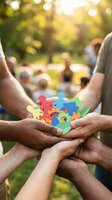 Diverse group of people holding colorful puzzle pieces together outdoors in sunny park setting, symbolizing teamwork, unity, collaboration, and community support for charitable causes.