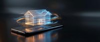 Futuristic holographic house projection emerging from smartphone screen with glowing orange light trails on dark background for real estate technology concepts.