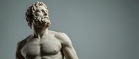 Marble statue of bearded male figure with classical Greek styling, muscular torso, ideal for art history, museum, education, and classical sculpture design projects.