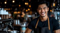 Young Asian male barista smiling behind coffee shop counter wearing black t-shirt and brown leather apron, with professional espresso machine and warm ambient lighting.