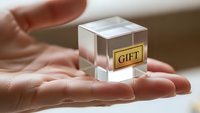Hands holding transparent glass cube with golden gift label, luxury present concept for special occasions and celebrations.