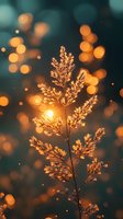 Delicate grass silhouette backlit by warm sunset light with magical bokeh effect in teal and orange tones creating dreamy atmospheric nature scene.
