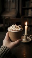 Hand holding hot chocolate with whipped cream and toasted marshmallows in a paper cup, candlelight and dark cozy library in background.
