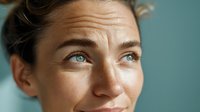 Close-up portrait of mature woman with natural makeup and blue eyes looking upward against teal background, conveying hope and contemplation.