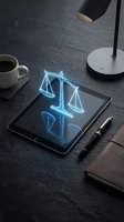 Neon scales of justice glowing on tablet screen in modern office workspace with coffee cup and desk lamp.