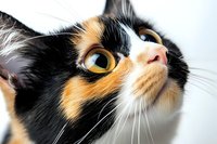 Close-up portrait of calico cat face showing bright yellow eyes, black and orange fur markings, and white whiskers against light background, expressing curiosity.
