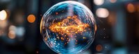 Glowing energy cross radiates within transparent soap bubble against dark bokeh background, creating magical spiritual atmosphere with orange light particles.