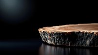 Cross-section of natural wood slab with polished surface and rough bark edge against dark background, showcasing organic texture and grain patterns.