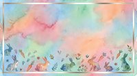Watercolor gradient background with pastel colors transitioning from blue to pink to green, featuring whimsical woodland creatures and botanical elements along bottom border for children's designs.