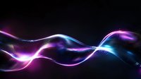 Glowing neon waves with purple and blue light effects on black background, abstract digital art with luminous flowing lines and particles.