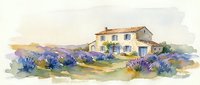 Watercolor painting of rustic stone farmhouse surrounded by blooming lavender fields in countryside landscape with mountains in background on white.