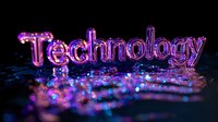 Glowing purple neon technology text on dark background with scattered light particles and reflective surface creates futuristic digital atmosphere.