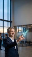 Confident middle-aged Caucasian businessman in navy suit pointing at glowing green checkmark in modern office lobby expressing success and approval.