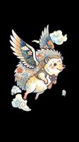Whimsical winged hedgehog with ornate patterned wings and decorative clouds, isolated on transparent background. Ready for t-shirt design, stickers, clipart, sublimation and print-on-demand products.