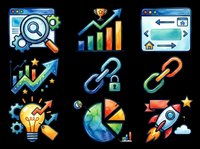 Set of nine watercolor SEO and digital marketing icons isolated on transparent background, ready for clipart, stickers, t-shirt design, and print on demand use.