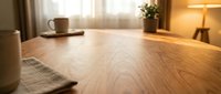 Wooden desk with warm lighting, coffee cup, and plant in modern home office workspace for productivity and professional work.
