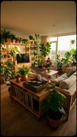 Cozy living room filled with lush green houseplants, wooden furniture, vinyl record player, and warm natural light from large windows.