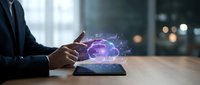Businessman using tablet with holographic brain projection displaying neural networks and digital connections in modern office environment for AI technology concepts.