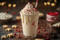 Creamy vanilla milkshake topped with whipped cream and red candy sprinkles, dripping down glass sides against dark background with festive bokeh lights.