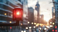Red warning light against blurred urban cityscape at dusk with bokeh traffic lights and sunset glow creating atmospheric street scene.