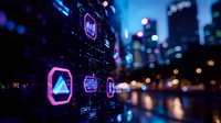 Futuristic digital interface with glowing neon icons against blurred urban nightscape background, featuring geometric shapes and data visualization elements in pink and blue tones.