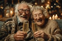 Happy senior Caucasian couple celebrating with champagne glasses, smiling warmly in cozy festive setting with golden bokeh lights background.