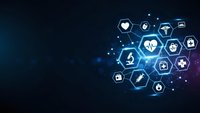 Digital healthcare technology network with medical icons on dark blue background for telemedicine and health innovation concepts.