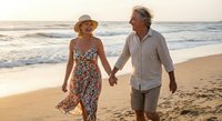 Happy mature couple walking hand in hand on sandy beach at sunset during romantic vacation getaway enjoying golden hour together.