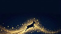 Silhouette of leaping antelope surrounded by golden sparkles and light particles against dark night sky, suitable for wildlife and nature themes.