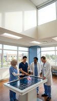 Diverse medical team of doctors and nurses collaborating around interactive digital table in modern hospital consultation room with large windows.