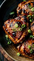 Glazed chicken thighs with sesame seeds and green onions in cast iron skillet. Asian cuisine cooking with caramelized sauce and herbs for dinner recipes.