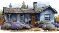 Cozy blue cottage with lavender garden and stone path, wooden porch, and rustic chimney in watercolor style. Countryside architecture surrounded by purple flowers.