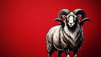 Majestic ram with curved horns standing proudly on vibrant red background, farm animal livestock illustration for agricultural and rural themed designs.