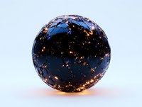 Glowing sphere showing Earth at night with illuminated cities and continents against dark background, creating magical global visualization effect.