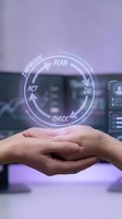 Plan do check act cycle glowing neon sign held in hands over blurred office background, representing continuous improvement methodology and business process management strategy.