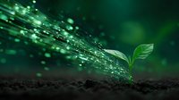 Young green plant seedling growing from soil with magical sparkles and light rays in dark environment, concept of growth and new beginnings.