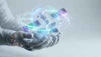 Futuristic robotic hands holding holographic digital credit cards with glowing effects and data particles for fintech and payment technology concepts.
