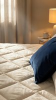 Cozy bedroom interior with unmade bed featuring cream quilted bedding and navy blue pillow, warm lamp lighting on nightstand with coffee cup, sheer curtains filtering soft natural light through window.