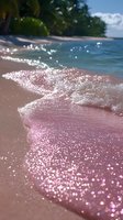 Gentle waves washing up on tropical beach with pink glitter effect, palm trees in background, sparkling water surface creates dreamy summer atmosphere.
