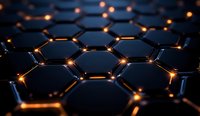 Glowing hexagonal grid pattern with orange light points at intersections creates futuristic technological network structure against dark background.