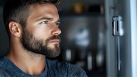 Serious bearded man looking at refrigerator in dark kitchen, contemplating late night food choices or checking contents.