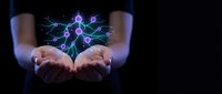 Hands holding glowing neural network with connected nodes and data flow, representing artificial intelligence, technology innovation, and digital transformation for business solutions.