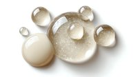 Transparent liquid drops or bubbles with golden hue on white background, showing refraction and light effects for cosmetic or scientific visualization.