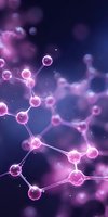 Glowing pink molecular structure on dark blue background with bokeh effect and connected spherical nodes forming scientific network pattern.