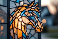 Stained glass horse head lamp glowing with warm amber and blue tones against blurred bokeh background, artistic mosaic design illuminated from within.
