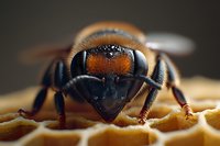 Extreme close up macro photography of honey bee face on honeycomb showing detailed compound eyes, mandibles and antennae in sharp focus against dark background.