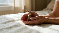 Hands gently holding wooden acorn on soft white bedding in warm sunlight, symbolizing growth, protection and new beginnings in cozy bedroom setting.