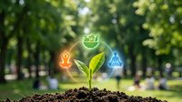 Young plant seedling sprouting from soil with glowing energy icons representing growth, sustainability, and renewable power in natural park setting.