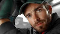Confident Caucasian male auto mechanic with beard examining car engine in workshop. Professional automotive repair specialist wearing black uniform.