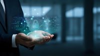 Businessman holding digital security network with padlock icon and data connections in modern office environment for cybersecurity protection concepts.
